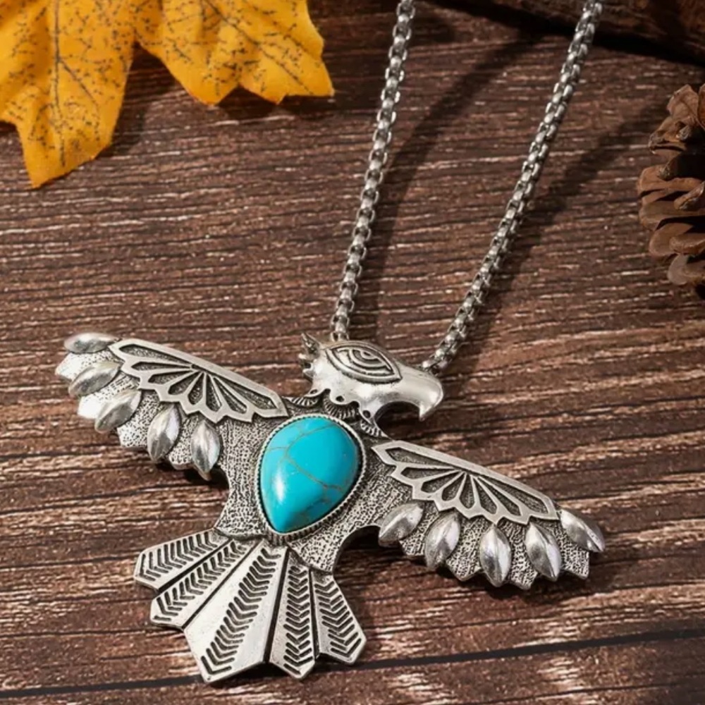 Tribal Eagle Wings Faux Turquoise Pendant Titanium Steel Southwestern Necklace